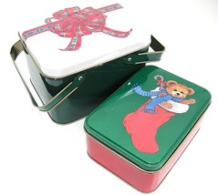 Christmas Tins  One with Bear in Stocking One Handled with Bow Green and... - £8.13 GBP