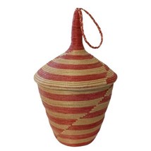 African Tutsi Rwanda Basket Woven Coiled Pointed Cone Lid Bohemian Red White - £19.73 GBP