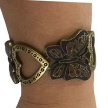 Golden Brass Elastic Hearts Butterfly Bracelet 8” - £11.99 GBP