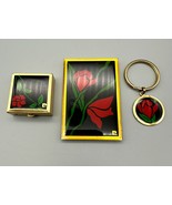 Vintage Enamel Rose Pill Box Note Pad Holder Key Chain Accessory Set For... - £12.47 GBP