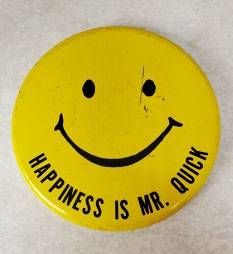 Vintage Happiness is Mr. Quick Pinback Button - Yellow Smiley Face Button - $14.65