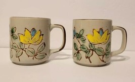 Set of 2 Vintage Yellow Blue Flower Floral Speckled Stoneware Boho Mugs ... - $24.99