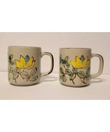 Set of 2 Vintage Yellow Blue Flower Floral Speckled Stoneware Boho Mugs ... - £19.65 GBP