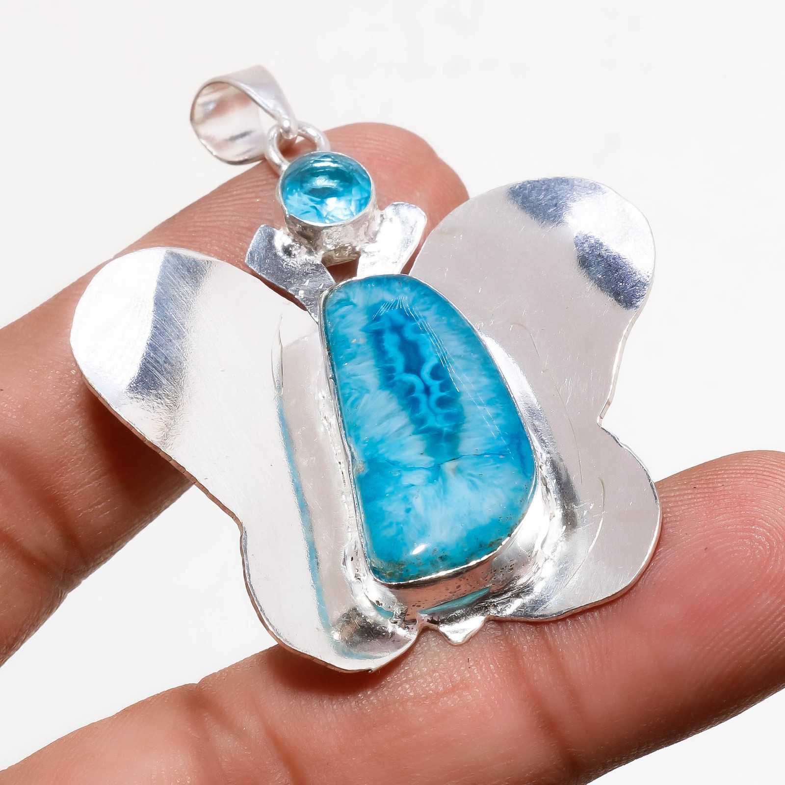 Blue Botswana Agate London Blue Topaz Gemstone Pendant Jewelry 2.20" SA 788 - £5.95 GBP