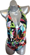 Bar III One Piece Swimsuit Size M Green Pink Printed Plunge Neck Halter ... - $34.65