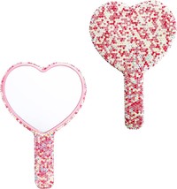 Heart-Shaped Cosmetic Hand Mirror With Handle And Sparkling Rhinestones For - £32.00 GBP