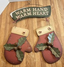 Country Kitchen Holiday Wall Sign Warm Hands Warm Heart Oven Mitts with Holly - £16.07 GBP
