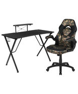 Black Gaming Desk and Camouflage Racing Chair Set Cup Holder Headphone Hook - $384.96