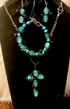 Handcrafted OOAK Blue and Black Striped Glass Cross, Organic Wrap Necklace Set - $19.00