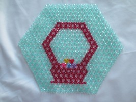 Vintage Hand Made Hand Beaded  Place Mat Dk Pink Basket Flowers Aqua Blue - £7.86 GBP