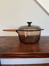 Corning Vision Ware Pan Pot Amber Glass Vintage 2.5L Sauce Pan Lid Cookware - £27.09 GBP