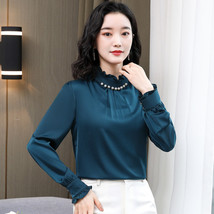 New Silk Women&#39;s Blouse with Beading Office Lady Stand Collar Satin Shirt for Wo - £111.88 GBP