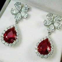 2.50 Ct Pear Cut Ruby &amp; Diamond Halo Drop &amp; Dangle Earrings 14K White Gold Over - £104.45 GBP