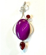 Handmade Artisan Purple Agate Druzy Pendant Red Glass Accents Silver Ton... - $19.99