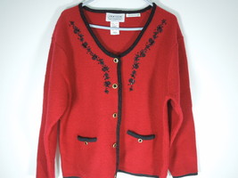 WOMENS wool Holiday sweater hand embroidered cardigan red and black trim SZ Lrg - £11.83 GBP