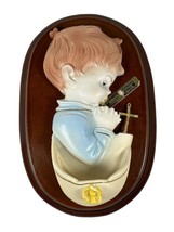 Vtg Nursery Decor Pray Red Haired Boy Holy Water Bowl Religious Portugal - $17.77