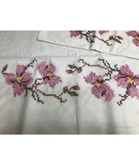 Vintage Pair Hand Cross-Stitched Embroidery Pillowcases Pink Flowers 34 ... - £17.79 GBP