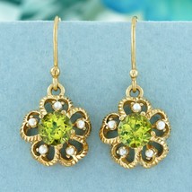 Natural Peridot and Pearl Vintage Style Forget Me Not Drop Earrings in 9K Gold - £602.78 GBP