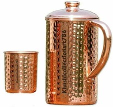 Handmade Copper Water Pitcher Jug Hammered Pot 1 Drinking Glass Health Benefits - £25.93 GBP