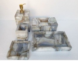 Natural Agate Bathroom Set, 5 pcs Agate Soap Dispenser, Agate Soap Bathroom Deco - £418.63 GBP
