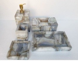 Natural Agate Bathroom Set, 5 pcs Agate Soap Dispenser, Agate Soap Bathroom Deco - £391.15 GBP