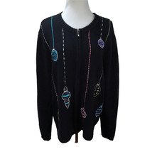 Embroidered Beaded Holiday Ornaments Linen Blend Zip Ugly Christmas Sweater Sz L - £15.72 GBP