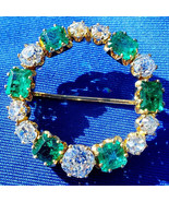Earth mined Diamond Emerald Circle Deco Brooch Elegant Antique 18k Gold ... - $48,452.10 CAD