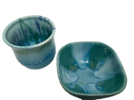 (2) Vintage DRYDEN Arkansas Pottery Vase &amp; Bowl Blue/Turquoise/Green Drip Glaze - £28.48 GBP