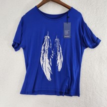 Feather Print Blue White Women&#39;s Blouse T-shirt Loose Small - £11.87 GBP