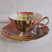 Vintage Handpainted Teacup &amp; Saucer Southwest Desert Scene Giant Cactus 9/886 - £31.29 GBP