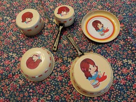 Vintage Tin Litho Child Pot Pan Dish Bowl Cooking Lot 5 pc Girl Hong Kong - £17.21 GBP