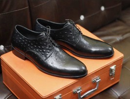 Handmade men&#39;s bespoke Black embossed ostrich leather formal lace dress shoes - £144.66 GBP+