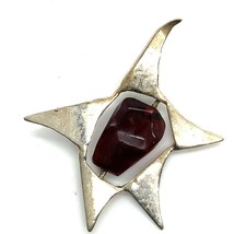 Vintage Sterling Silver Modern Abstract Star with Chunky Red Agate Stone Pendant - £35.61 GBP