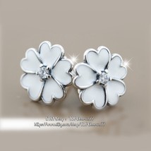 S925 Sterling Silver Primrose with White Enamel &amp; Clear CZ Stud Earrings - £13.28 GBP