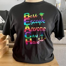 BEACH Best Escape Anyone Can Have T Shirt Black w/ Rainbow Glitter Vinyl... - $3.65