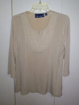 SUSAN GRAVER STYLE LADIES 3/4-SLEEVE KNIT PULLOVER BEIGE TOP-M-BEADED-WO... - £11.68 GBP