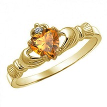 Heart Shape Claddagh Ring Simulated Citrine 14k Yellow Gold Plated - £44.09 GBP