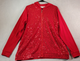 Quacker Factory Hoodie Women Large Red Cotton Sequin Long Sleeve Full Zi... - $17.59
