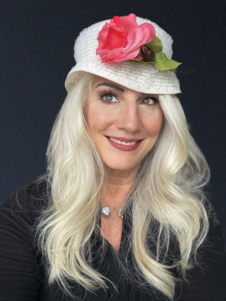 James Campbell VTG Ladies Hat White Lace w Pink Rose 1950s OS Garden Party - $45.84