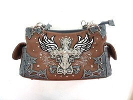 Cowgirl Trendy Tan Gray Purse Wings Silver Rhinestone Cross Handbag Womens - £30.75 GBP