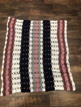 Navy Blue White Maroon Pink Grey Afghan Crochet Blanket Throw 41” WX 51” L - £14.18 GBP