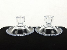 Set of 2 Taper Candle Holders, Pale Ice Blue, Imperial Glass, Candlewick Rims - £19.22 GBP