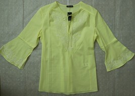 Tahari Blouse XS Shirt Top Tunic Yellow Debra Cotton Embroidered 0 2 New - $49.99