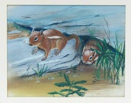 Vintage M.E / W.E Jones Signed Original Pastel Drawing 2 Squirrels Painting 1977 - £17.72 GBP