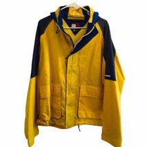 VTG 90&#39;s Tommy Hilfiger Yellow Rain Jacket Men&#39;s Flag Logo Windbreaker Hooded L - $142.49