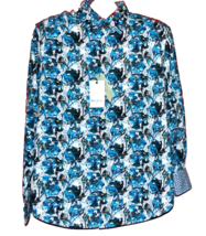 Robert Graham Teal Blue White Flower Cotton Men&#39;s Shirt Size L - £62.38 GBP