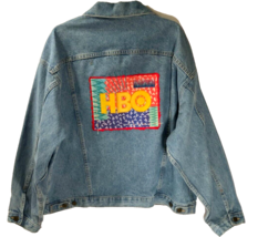 HBO Vintage 90s Blue Denim Stitched Movies Cable Trucker Jacket XL - $23.96