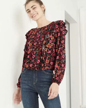NWT Women&#39;s Wild Fable L/S Black Floral Print Ruffle Blouse Top XS - $11.87
