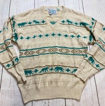 Vintage 80s Mighty Mac save the wildlife V neck Sweater Beige Teal anima... - £39.29 GBP