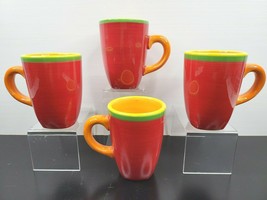 4 Dansk Caribe Aruba Orange Mugs Set 4.75&quot; Red Yellow Green Rings Coffee Cup Lot - £38.82 GBP